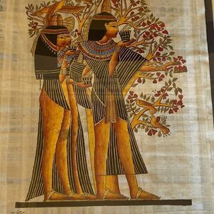 Cintage Egyptian Papyrus Painting Signed Framed Glass 26 x 22